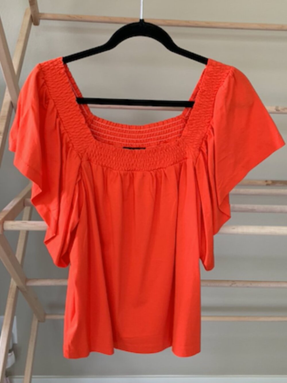 J. Crew Bright Coral Orange Smocked Neckline Short Flutter Sleeve Blouse in XL